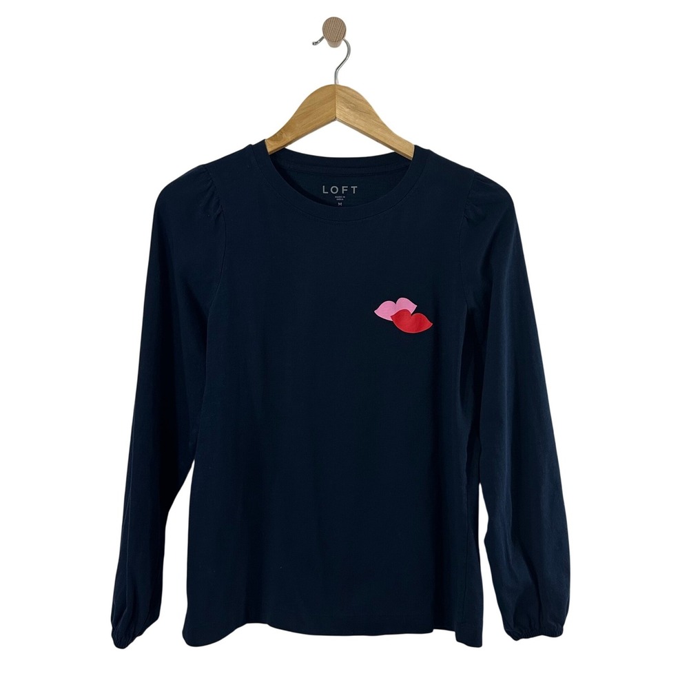 LOFT Womens Navy Blue Cotton Lip Graphic Puff Sleeve Crew Neck Top Medium